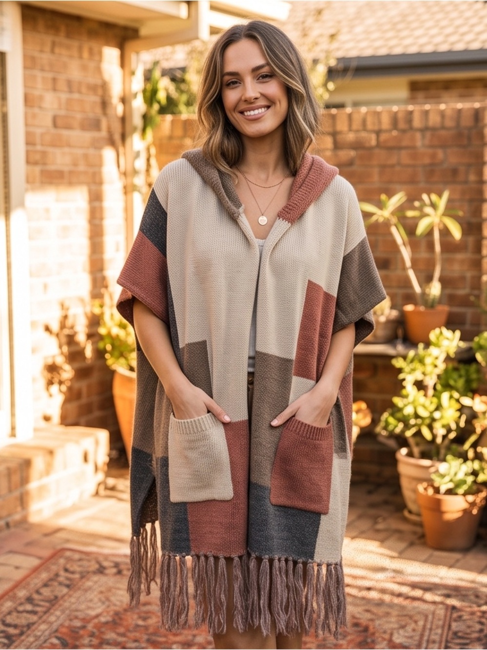 JODIFL Hooded Patchwork Fringe Poncho in Beige, Brown & Gray Runs Large
